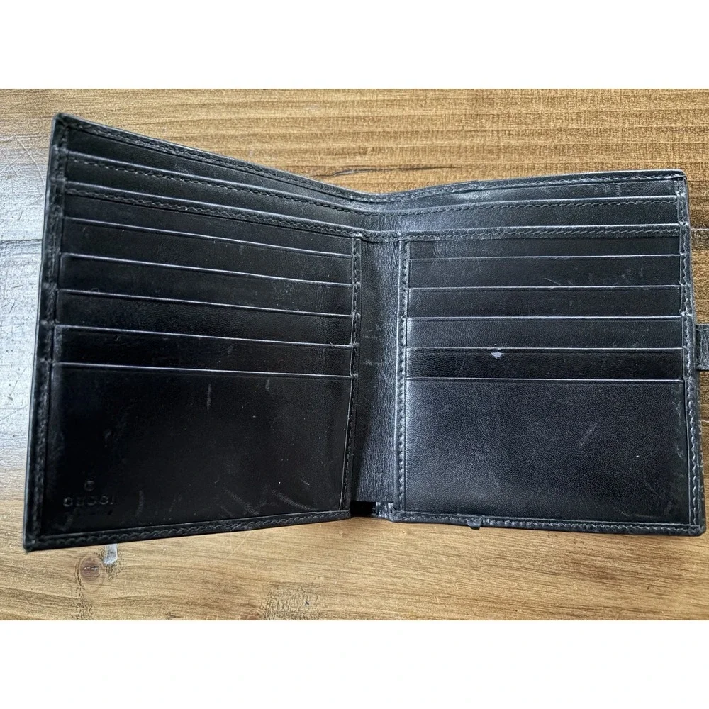 Auth GUCCI Jackie Leather Square Compact Bifold Wallet Black Gold  W/COA Used